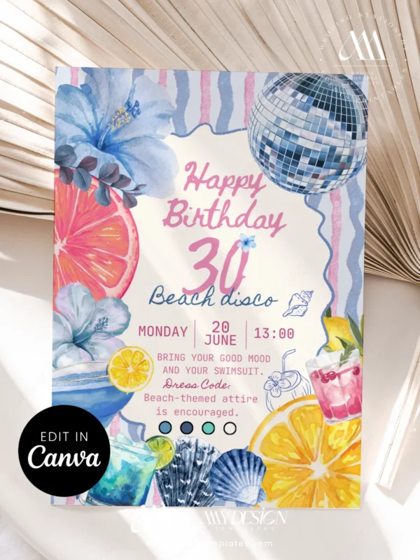 Blue Pink Beach Disco Birthday Party Invitation Canva Template | Silver Mirror Ball Citrus Tropical Invite Card