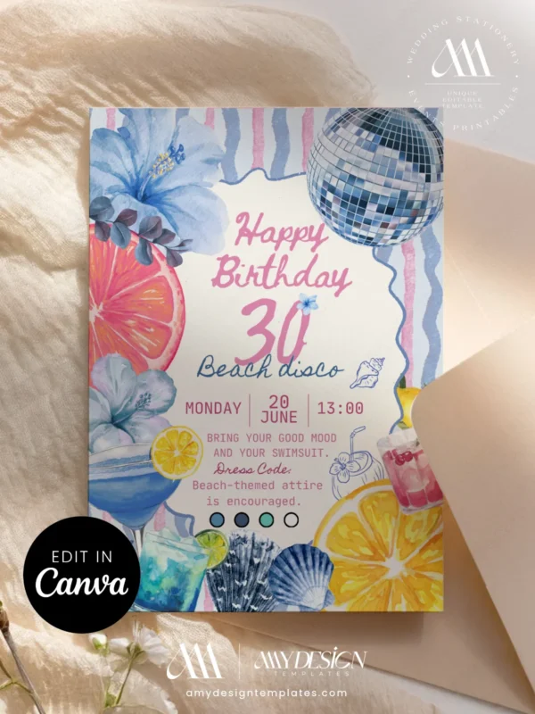 Blue Pink Beach Disco Birthday Party Invitation Canva Template | Silver Mirror Ball Citrus Tropical Invite Card Blue Pink Beach Disco Birthday Party Invitation Canva Template | Silver Mirror Ball Citrus Tropical Invite Card