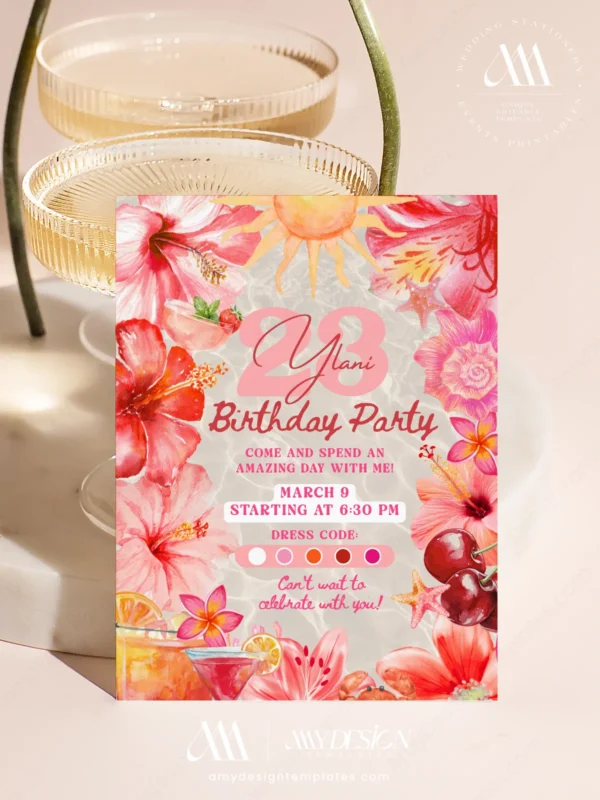 Sun-Kissed Coral Pink Tropical Birthday Invitation | Cherry Cocktail Hibiscus Canva Template Sun-Kissed Coral Pink Tropical Birthday Invitation | Cherry Cocktail Hibiscus Canva Template