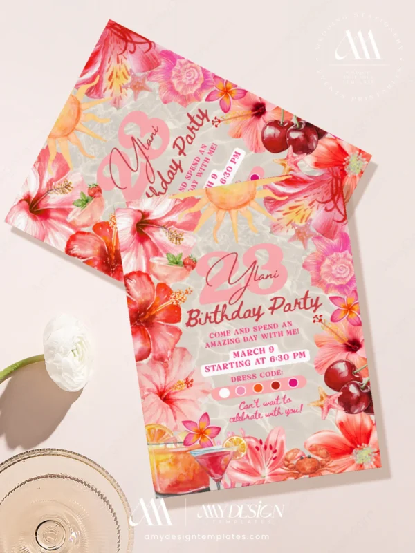 Sun-Kissed Coral Pink Tropical Birthday Invitation | Cherry Cocktail Hibiscus Canva Template