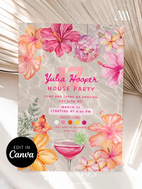 Tropical Birthday Party Invitation Card Canva Template | Water Ripple Pink Tropical House Party | Margarita Floral Disco Ball Tropical Birthday Party Invitation Card Canva Template | Water Ripple Pink Tropical House Party | Margarita Floral Disco Ball