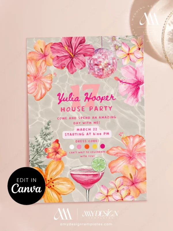 Tropical Birthday Party Invitation Card Canva Template | Water Ripple Pink Tropical House Party | Margarita Floral Disco Ball
