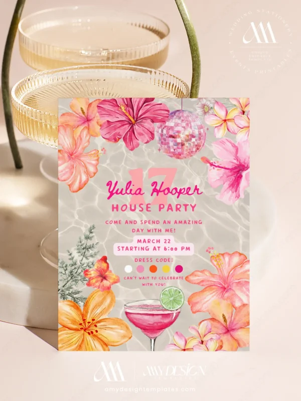 Water Ripple Pink Tropical House Party Invitation, Glittering Disco Ball & Margarita Cocktail Invite, Hibiscus Plumeria Floral Theme, Canva Editable Format, Digital Download