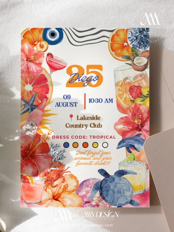 Tropical Coastal Birthday Party Invitation Canva Template | Sea Turtle Dolphin Orange Editable Tropical Coastal Birthday Party Invitation Canva Template | Sea Turtle Dolphin Orange Editable