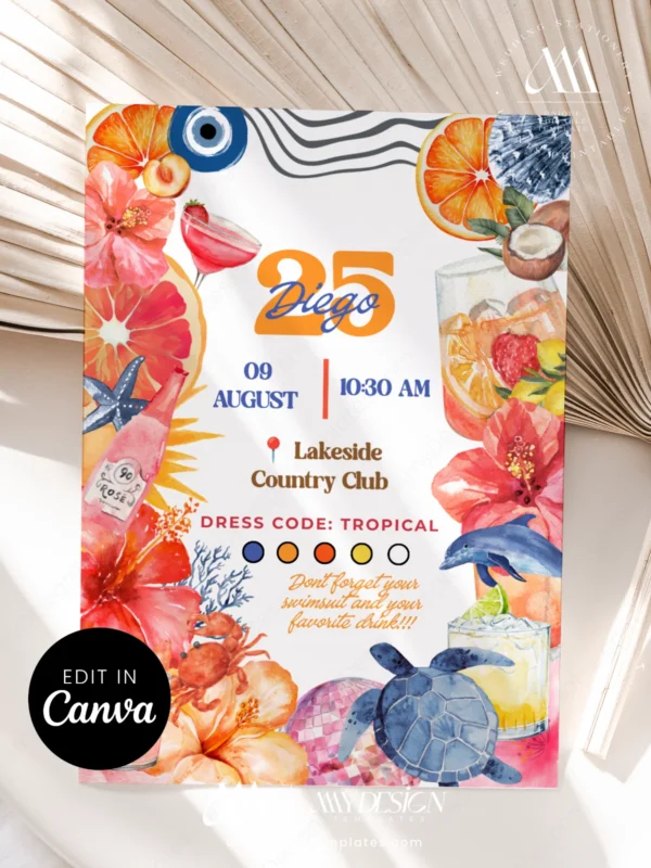Tropical Coastal Birthday Party Invitation Canva Template | Sea Turtle Dolphin Orange Editable