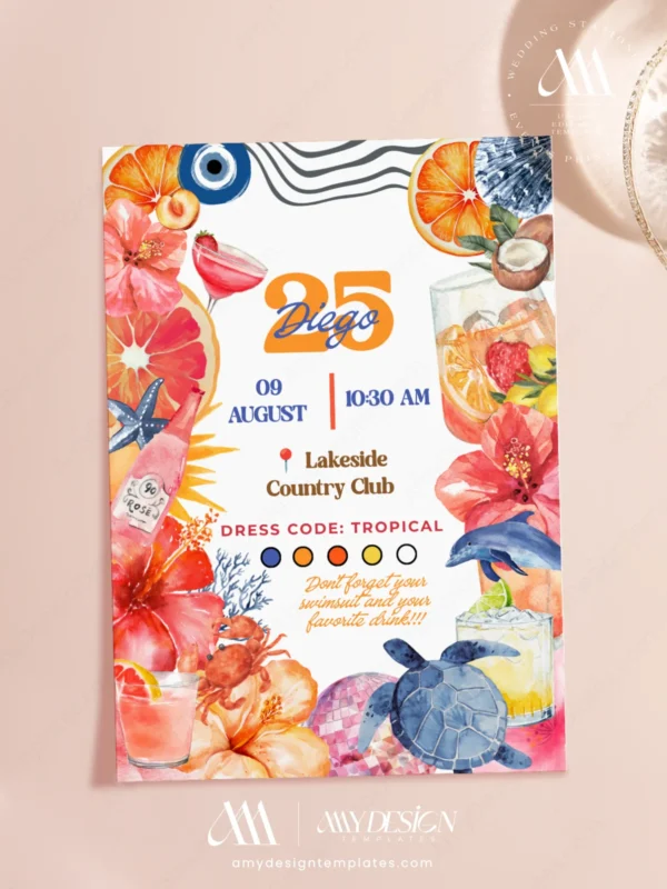 Coastal Birthday Party Invitation, Sea Turtle Dolphin & Evil Eye Card, Pink Prosecco Citrus Cocktail Design, Canva Self Edit, Digital Download