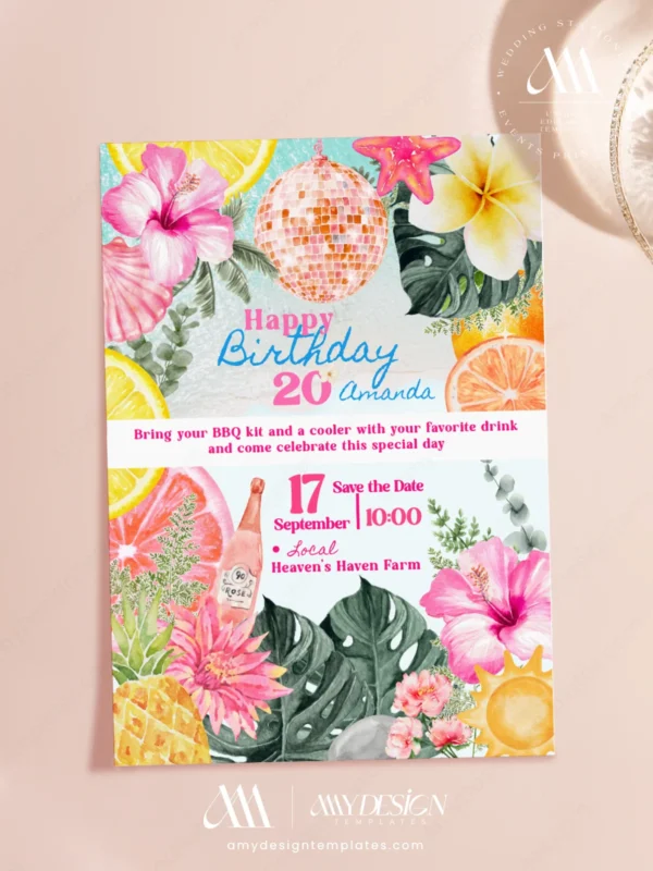 Sparkling Rose Gold Disco Tropical BBQ Birthday Invitation | Pineapple Frangipani Canva Template Sparkling Rose Gold Disco Tropical BBQ Birthday Invitation | Pineapple Frangipani Canva Template