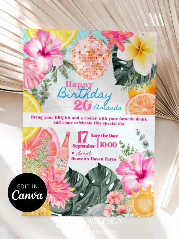 Sparkling Rose Gold Disco Tropical BBQ Birthday Invitation | Pineapple Frangipani Canva Template