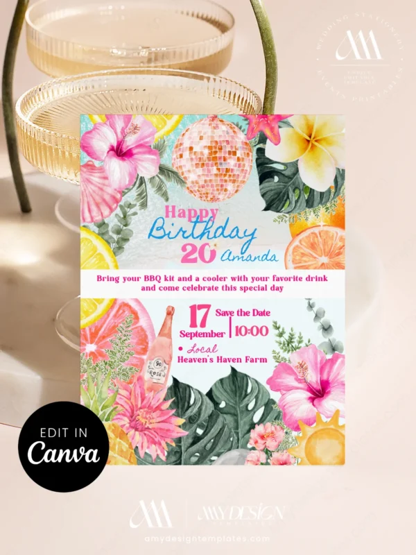 Sparkling Rose Gold Disco Tropical BBQ Birthday Invitation | Pineapple Frangipani Canva Template Sparkling Rose Gold Disco Tropical BBQ Birthday Invitation | Pineapple Frangipani Canva Template