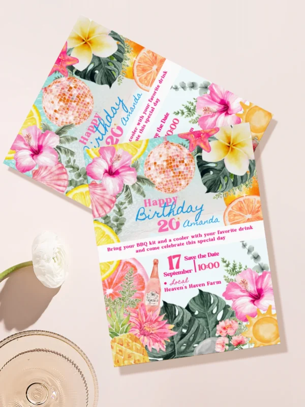 Sparkling Rose Gold Disco Tropical BBQ Birthday Invitation, Pink Prosecco Pineapple Card, Hibiscus Plumeria Theme, Self Edit Canva Layout, Instant Download