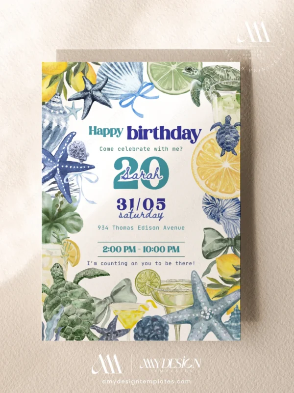 Coastal Ocean Sea Turtle Birthday Party Invitation, Blue Starfish Seashell Card, Citrus Lemon Margarita Theme, Canva Self Edit Layout, Printable Template