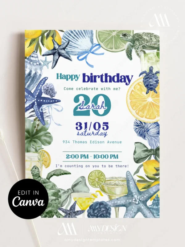Coastal Ocean Sea Turtle Birthday Party Invitation | Blue Starfish Lemon Citrus Canva Template Coastal Ocean Sea Turtle Birthday Party Invitation | Blue Starfish Lemon Citrus Canva Template