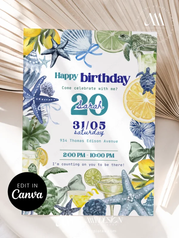 Coastal Ocean Sea Turtle Birthday Party Invitation | Blue Starfish Lemon Citrus Canva Template