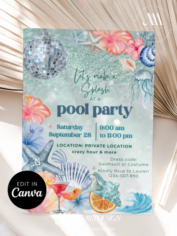 Glitter Water Pool Birthday Party Invitation | Silver Mirror Disco Ball Jellyfish Canva Template Printable