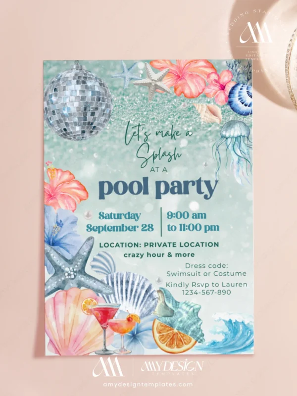 Glitter Water Pool Birthday Party Invitation | Silver Mirror Disco Ball Jellyfish Canva Template Printable Glitter Water Pool Birthday Party Invitation, Silver Mirror Disco Ball Card, Jellyfish Starfish Tropical Theme, Self Edit Canva Layout, Digital File
