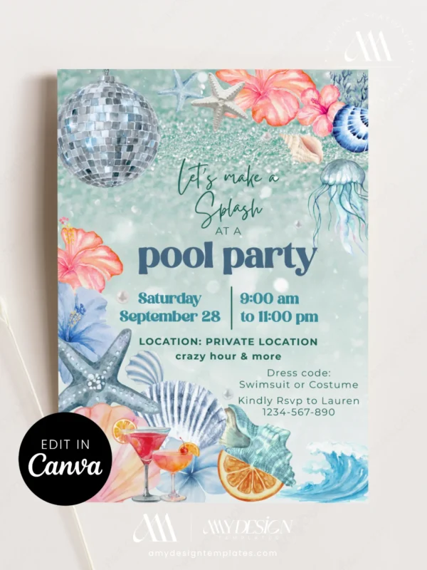 Glitter Water Pool Birthday Party Invitation | Silver Mirror Disco Ball Jellyfish Canva Template Printable