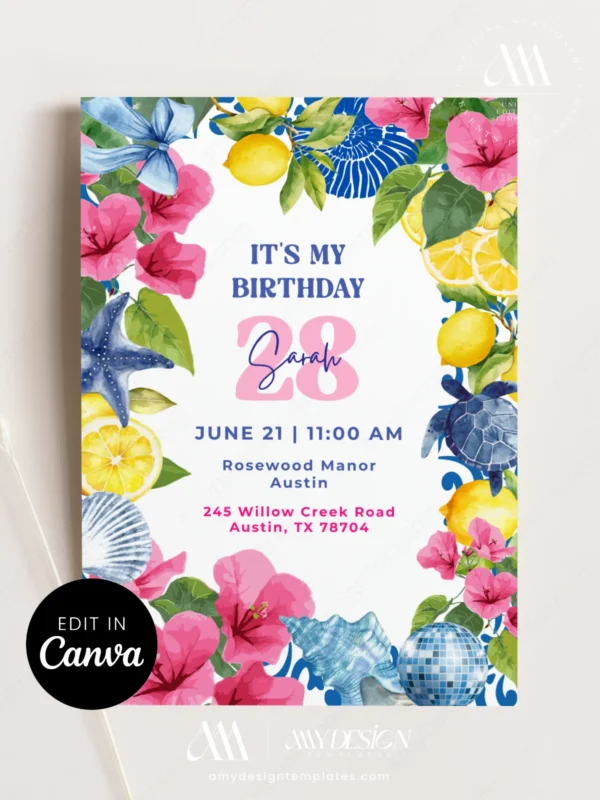 La Dolce Vita Italian Coast Lemon Birthday Invitation, Pink Bougainvillea Sea Turtle Card, Amalfi Positano Tile Theme, Self Edit Canva Layout, Printable Template