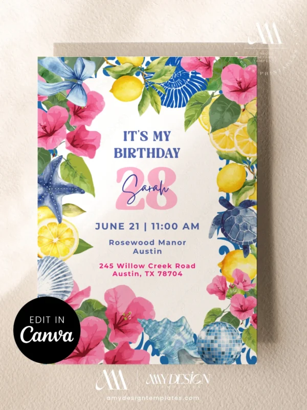 La Dolce Vita Italian Coast Lemon Birthday Invitation Canva Template | Pink Bougainvillea Sea Turtle Invite Card
