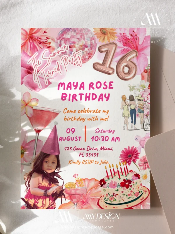 The Summer I Turned Pretty Pink Birthday Invitation Canva Template | Tropical Floral Cake Disco Ball Invite Card The Summer I Turned Pretty Pink Birthday Invitation, Tropical Floral Birthday Cake Card, Rose Gold Disco Ball Cocktail Theme, Self Edit Canva Layout, Digital File