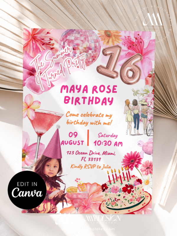 The Summer I Turned Pretty Pink Birthday Invitation Canva Template | Tropical Floral Cake Disco Ball Invite Card